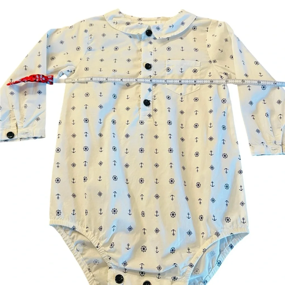 Rachel Riley White Long-Sleeve Nautical Anchor Print One-Piece